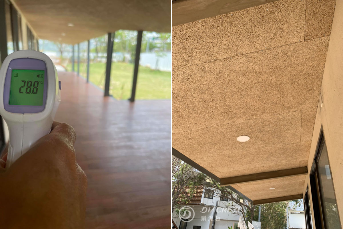走廊以木構結合鑽泥板天花板、木地板，在夏季戶外屋頂接近37度時，走廊測得溫度僅29度左右。（左圖來源／新竹縣私立承山幼兒園Facebook）