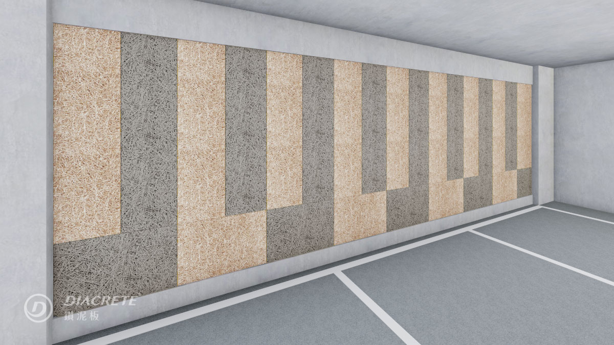 地下停車場-鑽泥板牆面設計提案3：原木與灰水泥色交錯搭配