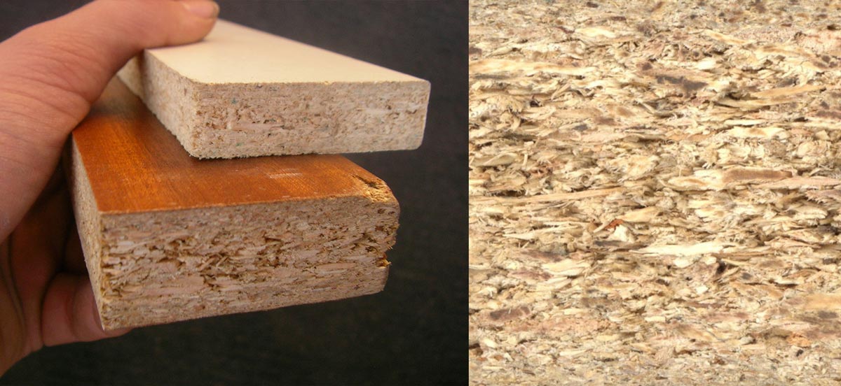 從塑合板橫切面可以看到木屑組成。（圖片來源／維基百科－Particle Board）